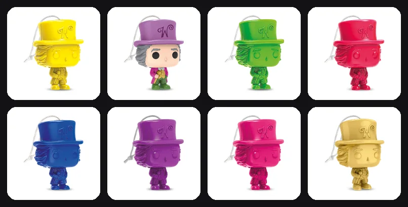 Kinder Joy Wonka × Funko: die acht Figuren aus dem britischen Kinder-Katalog, unten rechts der goldene Wonka