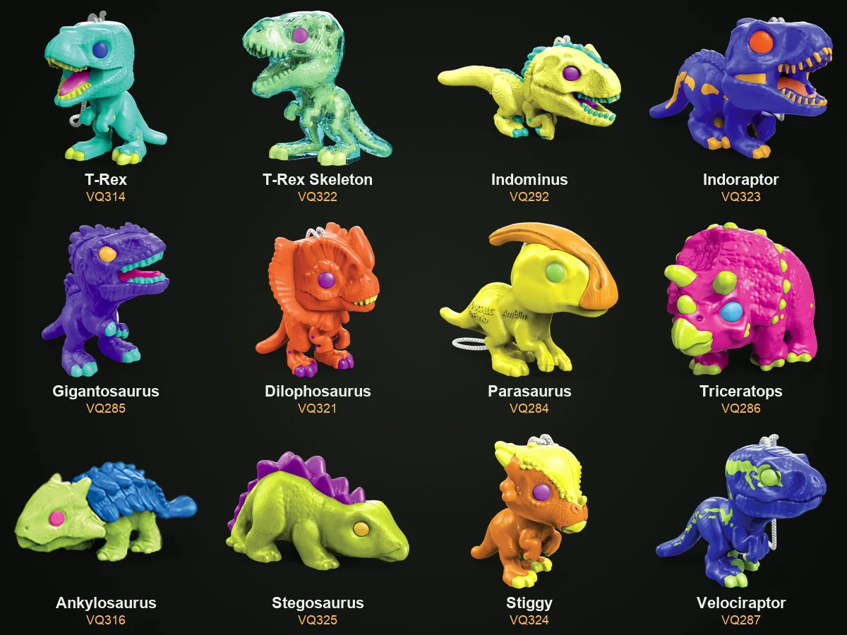 Figuras Kinder Joy Jurassic World Funko: T-Rex, esqueleto de T-Rex, Indominus, Indoraptor, Gigantosaurus, Dilophosaurus, Parasaurus, Triceratops, Ankylosaurus, Stegosaurus, Stiggy, Velociraptor