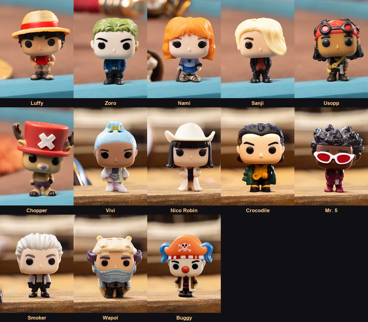 Фігурки Kinder Joy One Piece: Luffy, Zoro, Nami, Sanji, Usopp, Chopper, Vivi, Nico Robin, Crocodile, Mr. 5, Smoker, Wapol, Buggy