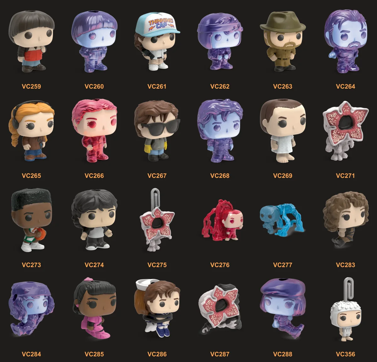 Les 24 surprises Kinder Joy Stranger Things × Funko, codes VC259 à VC356 : 14 figurines et 10 accessoires