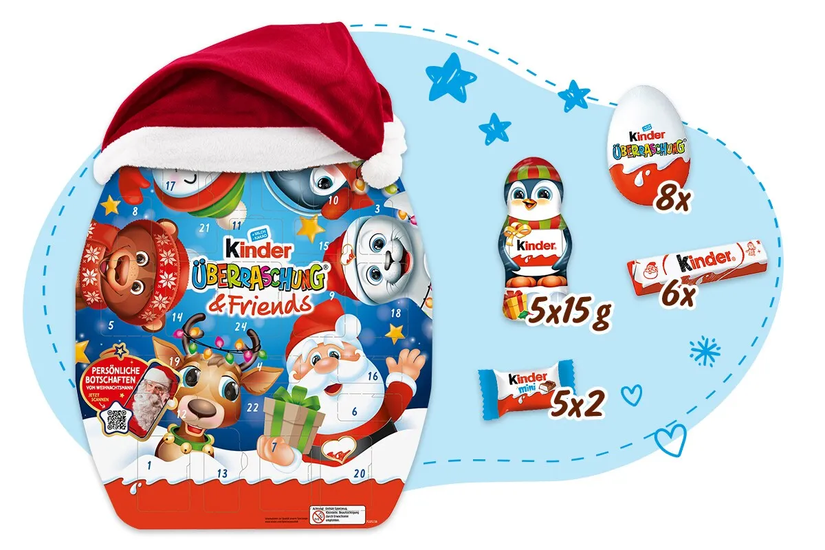 kinder Überraschung & Friends Adventskalender 2026 mit Inhalt: 8 Ü-Eier, 5 Hohlfiguren, 6 Riegel, 10 Minis