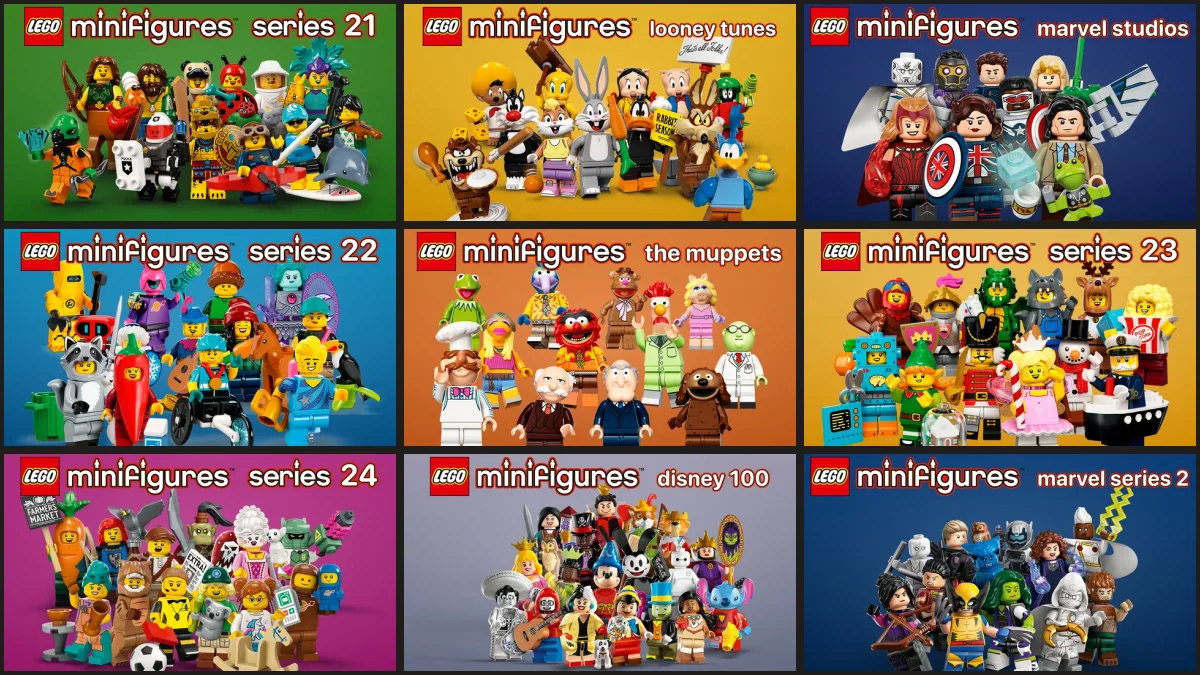 LEGO Minifigures series covers 2021–2023: Series 21 (71029), Looney Tunes (71030), Marvel Studios Series 1 (71031), Series 22 (71032), The Muppets (71033), Series 23 (71034), Series 24 (71037), Disney 100 (71038), Marvel Series 2 (71039)