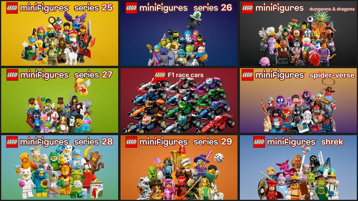 LEGO Minifigures series covers 2024–2026: Series 25 (71045), Series 26: Space (71046), Dungeons & Dragons (71047), Series 27 (71048), F1 Collectible Race Cars (71049), Spider-Man: Across the Spider-Verse (71050), Series 28: Animals (71051), Series 29 (71052), Shrek Series (71053)
